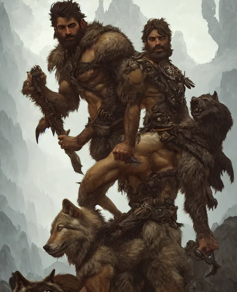 Image similar to portrait of a gruff ranger with wolf companion, muscular, upper body, hairy body, D&D, fantasy, intricate, elegant, highly detailed, digital painting, artstation, concept art, matte, sharp focus, illustration, art by Artgerm and Greg Rutkowski and Alphonse Mucha