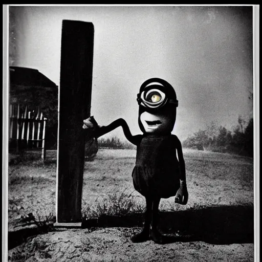 Image similar to old creepy black and white photograph of a minion