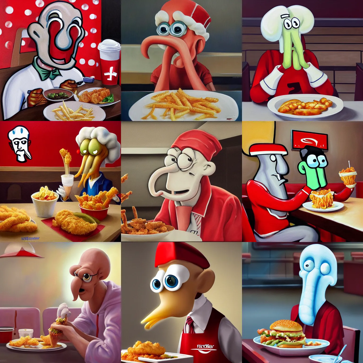 Prompt: painting of squidward eating at a kfc, photorealistic, highly detailed, trending on artstation