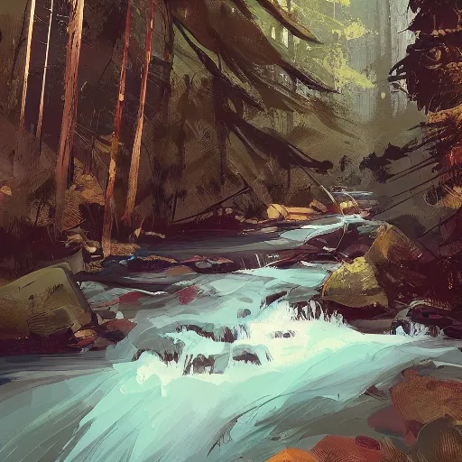 Image similar to mountain valley dotted with pine trees with a stream flowing through it, by ismail inceoglu, detailed digital painting, concept art, brushstrokes, elegant, calming, serene, 8 k