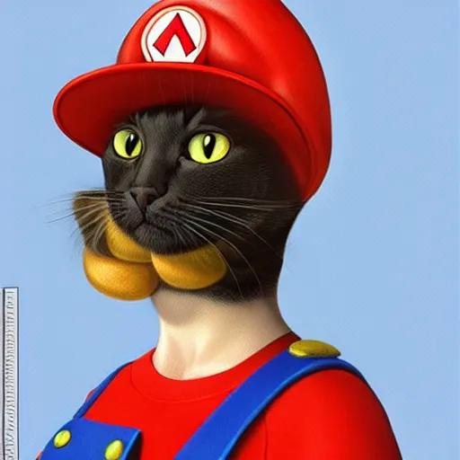 Image similar to Portrait of a Cat dressed as Super Mario, Mario hat, nintendo, highly detailed, digital painting, artstation, concept art, smooth, sharp focus, illustration, art by artgerm and greg rutkowski and alphonse mucha