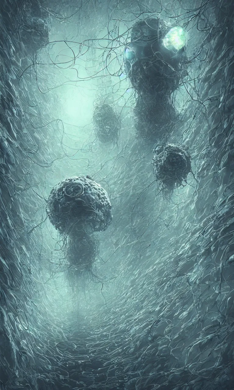 Image similar to internal lymphocyte virion rawandrendered synaptic fractality transmission embryonic beholder glial neurons cyberpunk nerve cells microscopic plankton by wojtekfus facey rossdraws. neuronal megacity neurone synapse by beksinski. # imaginativerealism