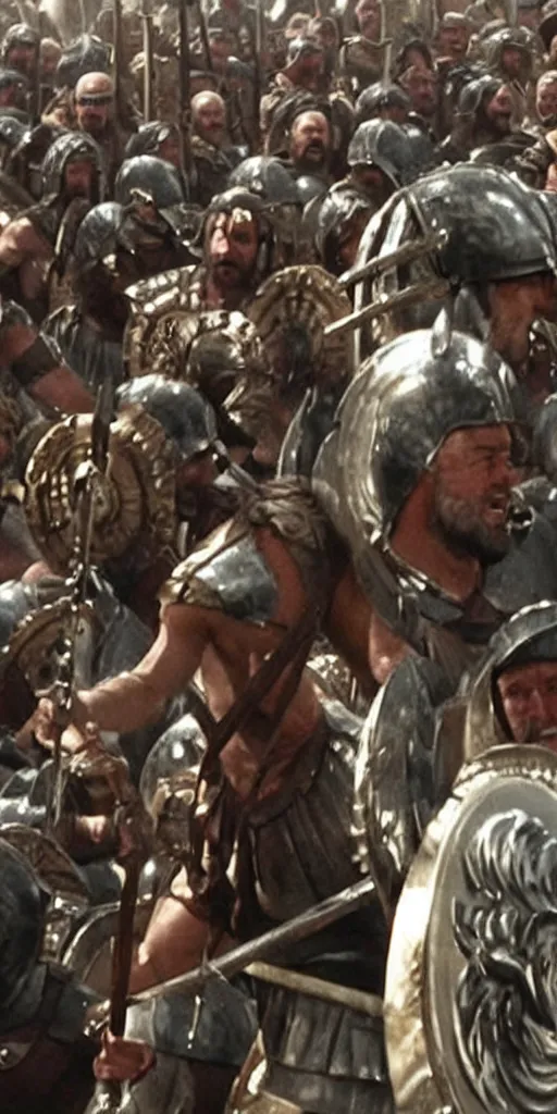 Prompt: Bernie Sanders dressed as Leonidas, with Leonidas beard, leading Spartans into battle, in screenshot from the 300 movie