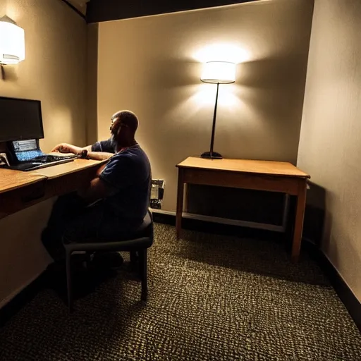 Prompt: Photo of a man alone in the dark on his computer in his hotel room