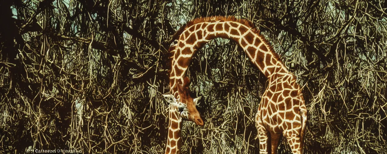 Image similar to a giraffe ( only 1 ) eating spaghetti off a tree, in the style of national geographic, canon 5 0 mm, kodachrome, retro, muted, visual noise