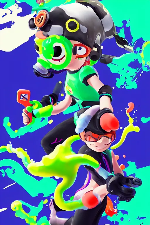 Image similar to splatoon nintendo dynamic poses digital painting on canvas, trending on artstation, featured on pixiv, cinematic composition, 8 k