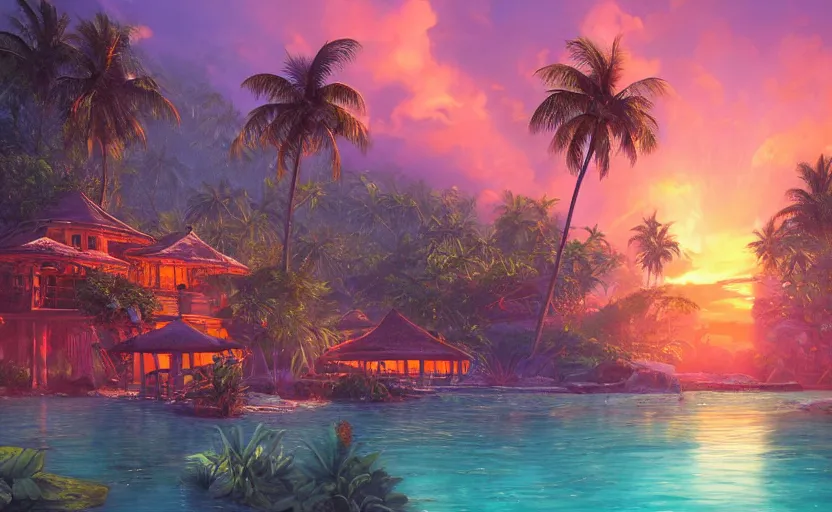 Prompt: a tropical resort in a jungle paradise, with a beautiful red and blue sunset, dynamic lighting, photorealistic fantasy concept art, trending on art station, stunning visuals, creative, cinematic, ultra detailed, ray tracing, sun rays, native tribes, wonderous waters, amazing detail, style of tim hildebrandt