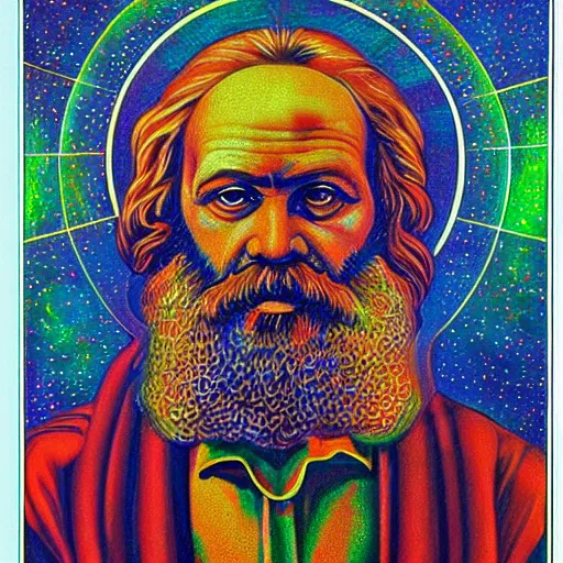 Image similar to karl Marx painting by alex grey in the style of cosmic christ by alex grey