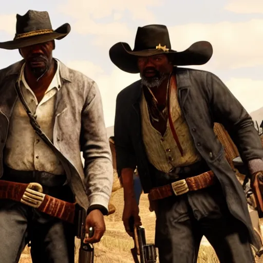 Prompt: film still of Sam Jackson in the Red Dead Redemption movie