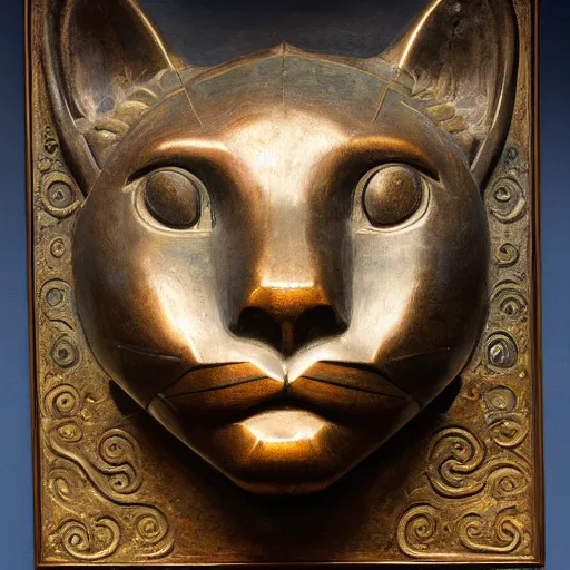 Image similar to masterpiece painting of an ancient bronze sculpture of a mechanical cat head, by annie swynnerton and diego rivera and nicholas roerich and jean delville, symbolist, dramatic lighting, god rays, elaborate geometric ornament, art brut, rich colors, smooth sharp focus, extremely detailed, adolf wolfli