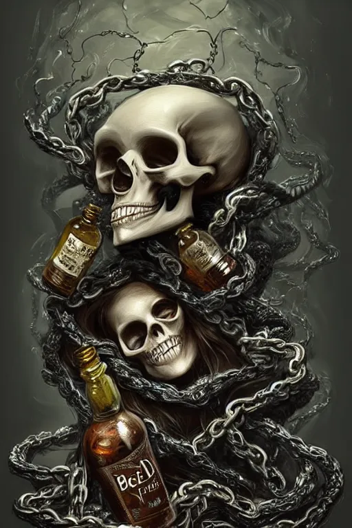 Image similar to beutifull and very tired womanlooking pile off empty bottles, skull made out of smoke coming out of bottles,, fantasy, intricate, elegant, highly detailed, digital painting, artstation, concept art, addiction, chains, smooth, sharp focus, illustration, art by Ilja Repin