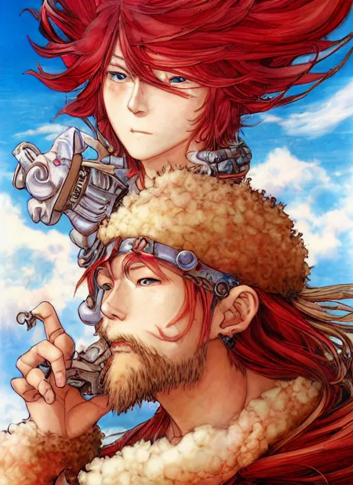 Image similar to prompt : ragnarok online portrait soft light painted by james jean and katsuhiro otomo and erik jones, inspired by akira anime, epic fantasy, a long red haired, red bearded male sky - pirate in front of an airship, intricate oil painting, high detail illustration, sharp high detail, manga and anime 1 9 9 9