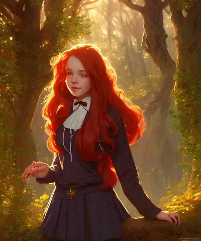 Image similar to portrait cute female, magic school uniform, fantasy forest landscape, dnd fantasy magic, long red hair, cinematic rim light, intricate, elegant, highly detailed, digital painting, artstation, concept art, smooth, sharp focus, illustration, art by artgerm and greg rutkowski and alphonse mucha