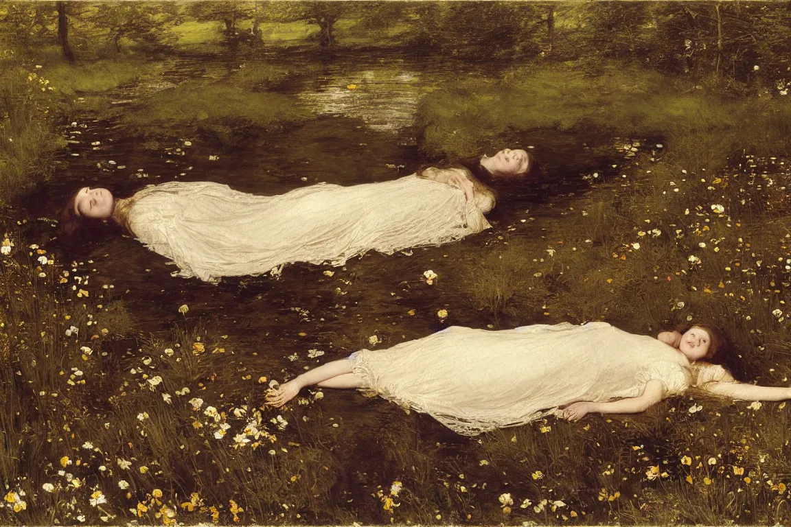 Prompt: John Everett Millais. England. Medium shot of magnificent girl lying horizontal in a dark water stream. Flowers in hand. Golden brown dress with playful details, light dark very long hair. Apathetic, pale, dead but beautiful. Poppies, daisies, pansies. Most accurate and elaborate studies of nature ever made. The background Hogsmill river in Surrey, rich Forest, dark, wood, bushes. Naturalistic strong vibrant green colors. Fine brush strokes.