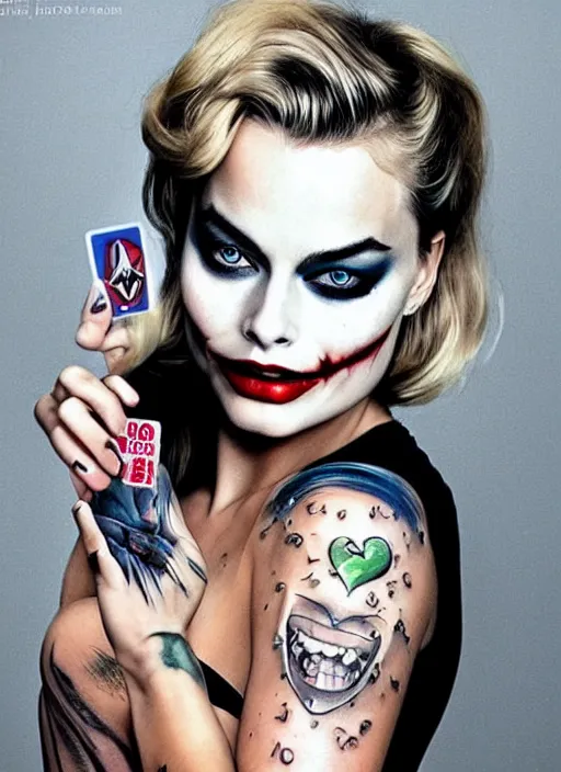 Prompt: tattoo design of beautiful margot robbie with a little smile with joker makeup and holding ace card, in the style of den yakovlev, realistic face, black and white, realism tattoo, hyper realistic, highly detailed