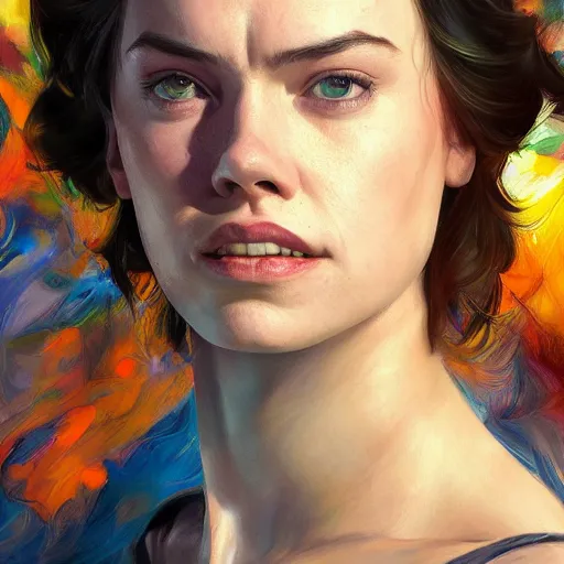 Image similar to daisy ridley ( actress ), full body portrait colorful oil painting by android jones, john jean, yuumei, yanjun cheng, unreal 5, daz, hyperrealistic, octane render, rpg portrait, dynamic lighting, fantasy art, beautiful face