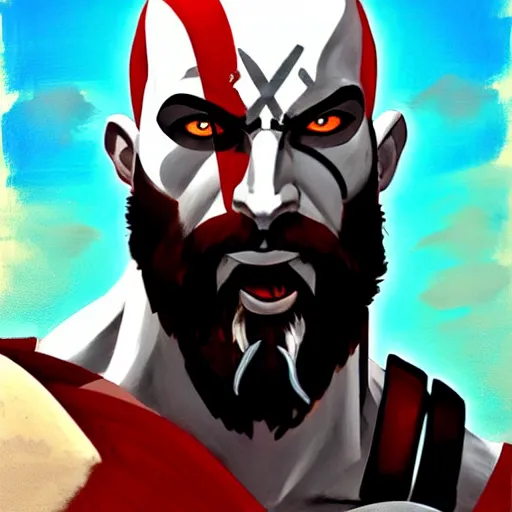 Image similar to Greg Manchess portrait painting of Kratos as Overwatch character, medium shot, asymmetrical, profile picture, Organic Painting, sunny day, Matte Painting, bold shapes, hard edges, street art, trending on artstation, by Huang Guangjian and Gil Elvgren and Sachin Teng