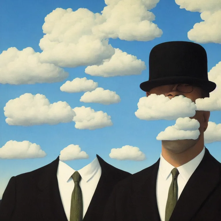 Image similar to portrait of a faceless reflective water - head man in a suit, clouds in the background, by rene magritte, detailed painting, distance, middle centered, hd, hq, high resolution, high detail, 4 k, 8 k