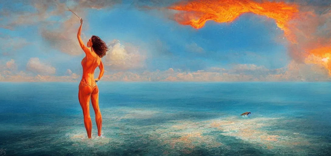 Image similar to aerial painting of a giant beautiful female, standing deep in the ocean, the sky and islands are on fire, atmospheric lightning, godray, concept art, in the style of bob byerley, 8 k high details