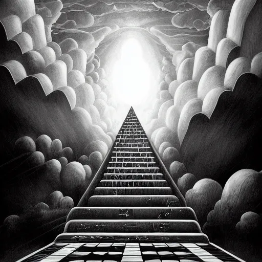 Image similar to A black and white freemasonic chequered surrealist digital painting of a stairway to into the clouds in the art style of jeff koons, Gilbert williams, Edwin Frederic Church and Christopher Balaskas, trending on artstation, 4k UHD