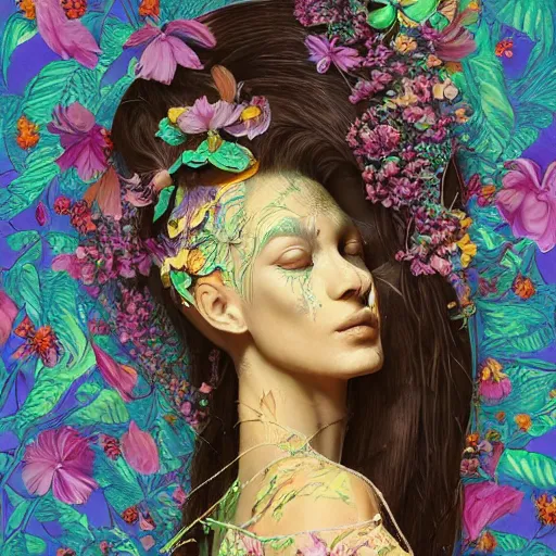 Image similar to the portrait of an incredibly beautiful, graceful, and elegant woman made of bananas and petals, an ultrafine detailed illustration by kim jung gi, irakli nadar, intricate linework, bright colors, final fantasy, behance contest winner, angular, unreal engine 5 highly rendered, global illumination, radiant light, detailed and intricate environment