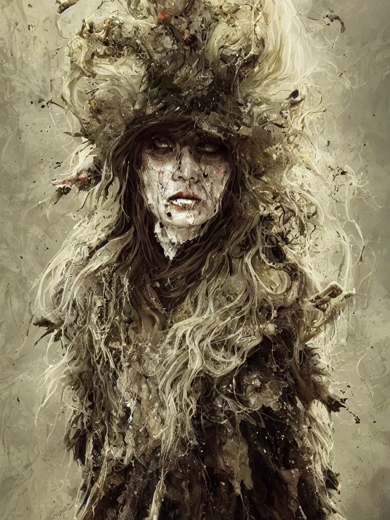 Image similar to splatterpunk portrait of an old witch with cream coloured hair wearing a heavy dark feathered and fur lined cloak in a cloistered woodland, James Gleeson inspired, golden accents, face, fantasy, intricate, highly detailed, digital painting, artstation, concept art, smooth, sharp focus, illustration, art by Wei Fan and Fernanda Suarez and Artem Demura and alphonse mucha