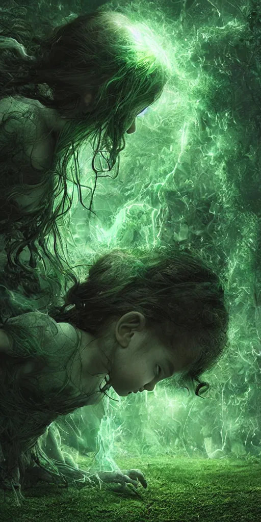 Prompt: little girl with hair made of green fire, surrounded by a green forrest, moody , lovecraft, giger, ridley scott, zack snyder, Fenghua Zhong, realistic cinematic lighting, establishing action shot, ultra detailed, hyper realism, photo, octane render