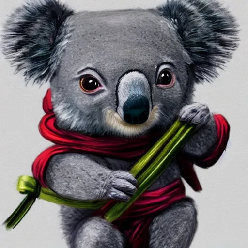 Prompt: a cute koala dressed in a shinobi outfit, digital art by łukasz piskorz and patrick mcenvoy and michael komarck, intricate, highly detailed, artstation, concept art, smooth, sharp focus vector centered