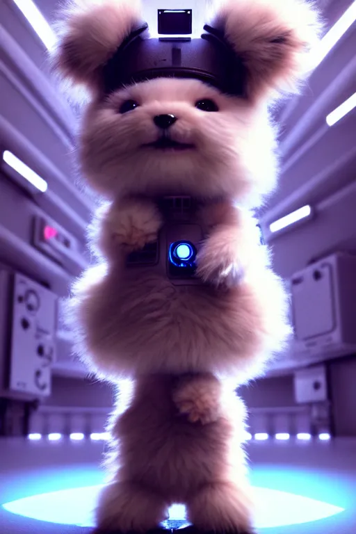 Image similar to high quality 3 d render very cute fluffy cyborg!! dog! plays drums, cyberpunk highly detailed, unreal engine cinematic smooth, in the style of blade runner & detective pikachu, hannah yata charlie immer, moody light, low angle, uhd 8 k, sharp focus