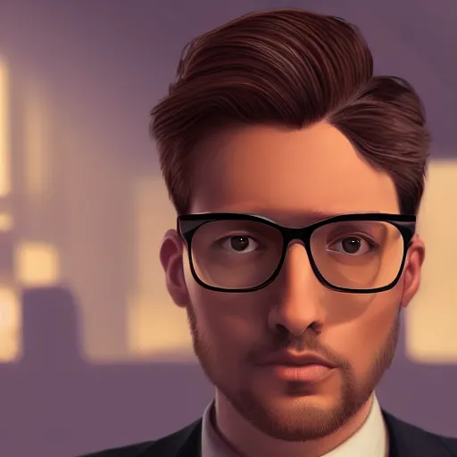Prompt: highly detailed male character with brown hair and square glasses, no beard, 27, with iphone 13 in hand taking selfie, by Frank Lloyd Wright, reflective lighting, front view, foggy atmosphere, stunning, vivid colors, in the style of pixar animation, trending on Artstation, 8k, matte painting, ray tracing, hyper detailed, unreal engine 5, cinematic, epic lighting, cryengine, octane render, cyberpunk, red and orange glow, vibrant
