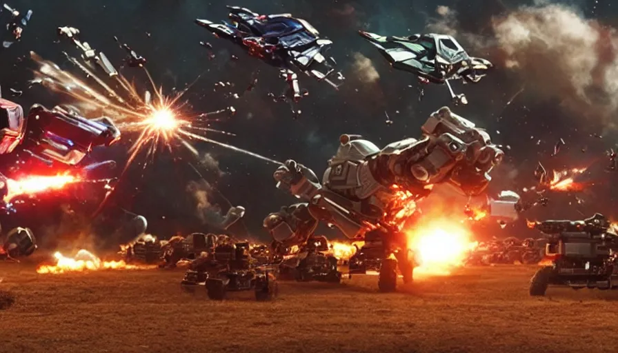 Image similar to full - color cinematic movie still from a live - action dairugger action film directed by michael bay. the scene features the science - fiction vehicles from dairugger fighting in space and joining together to form a giant robot. highly - detailed ; photorealistic ; epic.