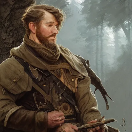 Image similar to portrait of a rugged male ranger, D&D, fantasy, intricate, elegant, highly detailed, digital painting, artstation, concept art, smooth, sharp focus, illustration, art by artgerm and greg rutkowski and alphonse mucha