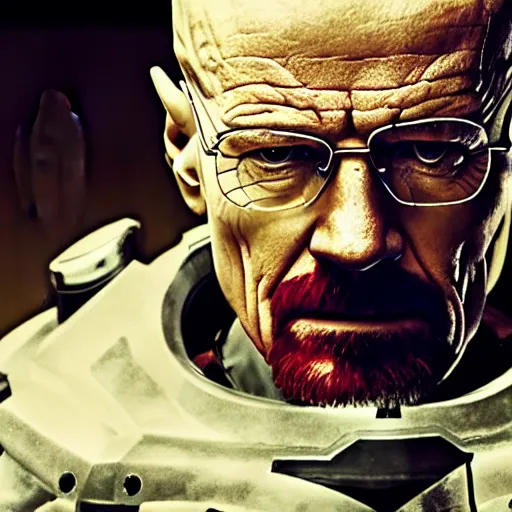 Prompt: Film still of Walter White with cybernetic battle armor in new Breaking bad movie, highly detailed, 4k