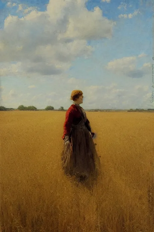 Image similar to Solomon Joseph Solomon and Richard Schmid and Jeremy Lipking victorian genre painting full length portrait painting of a young cottagecore walking in a wheat field, red background