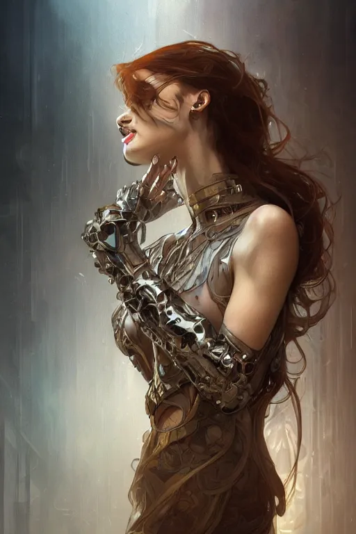 Image similar to woman with metal skin, fog, volumetric lighting, intricate, elegant, highly detailed, digital painting, artstation, concept art, smooth, sharp focus, art nouveau, art by raymond swanland and alphonse mucha