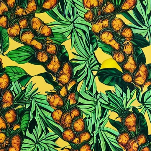 Prompt: pineapples and bananas in the jungle by kehinde wiley