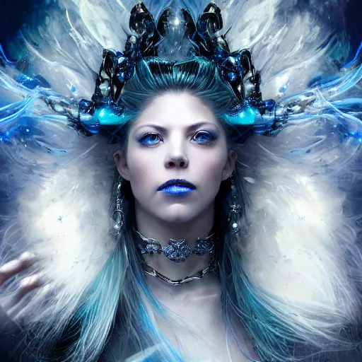 Image similar to masterpiece portrait of an aesthetic mage woman, ice spell, 3 0 years old woman, ( katheryn winnick like ), black dynamic hair, wearing silver diadem with blue gems inlays, silver necklace, painting by joachim bergauer and magali villeneuve, atmospheric effects, chaotic blue sparks dynamics in the background, intricate, artstation, fantasy