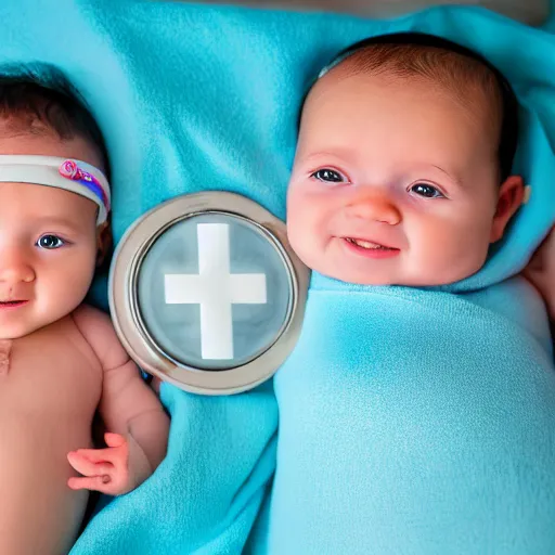 Prompt: a medical photography with flash of a baby with 2 heads on a hospital bed, closeup.