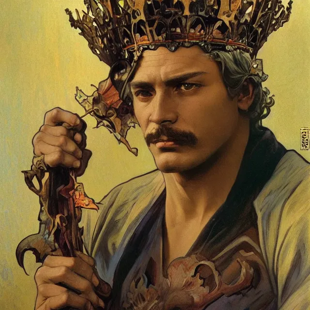 Image similar to an aesthetic! a detailed portrait of a man with a crown, holding a scepter by frank frazetta and alphonse mucha, oil on canvas, art nouveau dungeons and dragons fantasy art, hd, god - rays, ray - tracing, crisp contour - lines, huhd