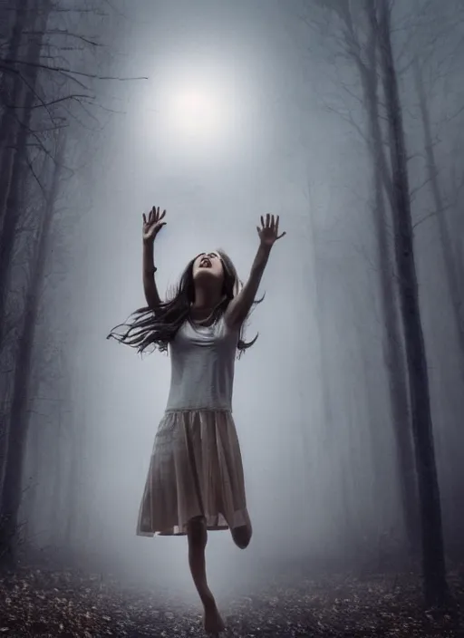 Image similar to an angry girl floating in the sky at night giving a creepy feel, the girl is screaming, dark background, fog, forest, horror, extremely realistic and highly detailed, soft light, gold ratio