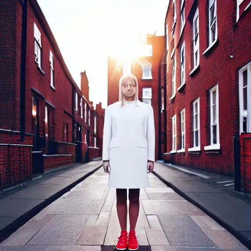 Image similar to un ultra high definition editorial photographic portrait of a female designer standing outside her trendy red brick london home wearing all white. wide angle. three point light. golden hour, golden ratio, ray tracing, volumetric light and shadow, shallow depth of field.