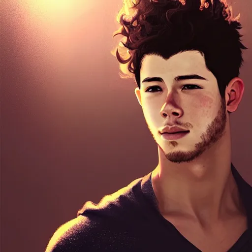 Image similar to Portrait of man with Nick Jonas's Tousled Curls type hair and Indonesian-type skin, atmospheric lighting, intricate detail, cgsociety, ambient light, dynamic lighting, anime style by Yusuke Kozaki