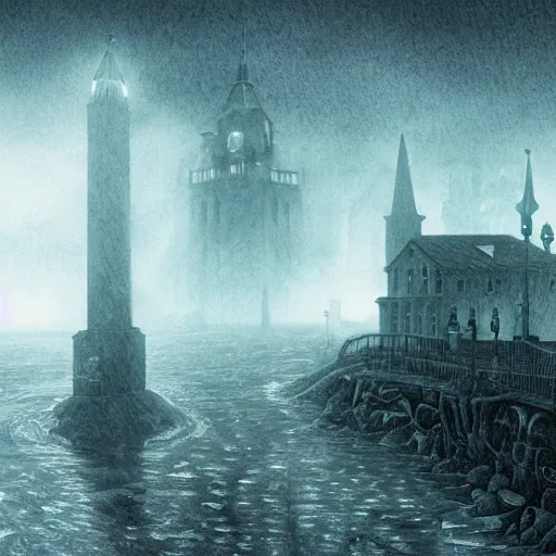 Image similar to cthulhu, lovecraftian, foggy atmosphere, old european town, realistic