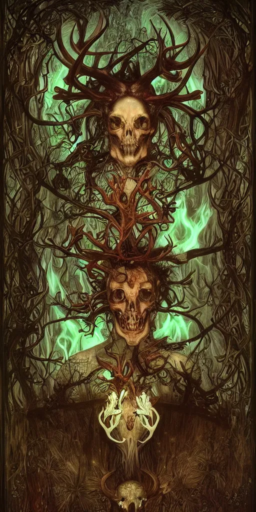 Image similar to intense bioluminescent pagan god with antlers and fangs and intense glowing eyes with a bull skull in very dark forest by mark ryden and alphonse mucha, portrait, fantasy, clear, light beams, lens flare, intense, uhd, amazing depth, cinematic lighting