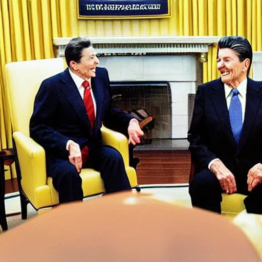 Image similar to a minion meeting president ronald reagan, zoom photograph, oval office,