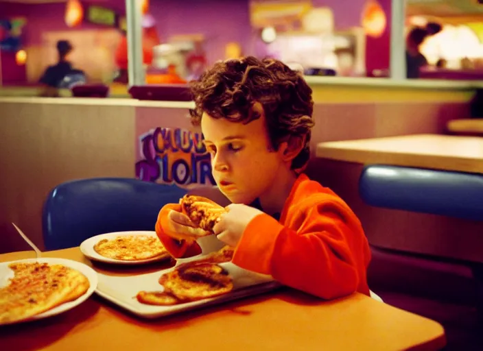 Prompt: cinematic portrait of charlie kaufman eating pizza at chuck - e - cheese, with sloppy cheesy sauce getting slopped up all over the place, dramatic lighting, moody film still from being john malkovich ( 2 0 1 6 ), 3 5 mm kodak color stock, detailed face, 2 4 mm lens, directed by spike jonze, ecktochrome