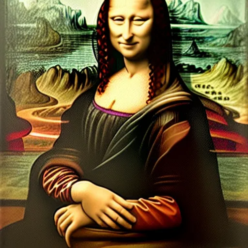 Image similar to an artist painting the mona lisa, oil painting