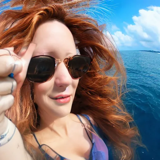 Prompt: selfie!!!!! of a woman with gorgeous hair flowing in the wind, in the middle of the ocean!!!!!, first - person view, fisheye!!!!! lens!!!!!, photorealistic image, trending on artstation, 4 k, 8 k