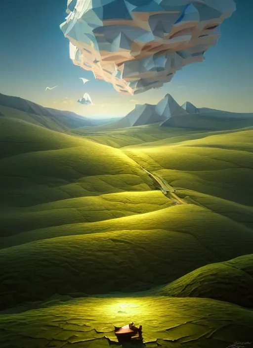 Image similar to a hyper - detailed 3 d render like a oil painting of summer in the low - poly hills, surrealism!!!!! surreal concept art, lifelike, photorealistic, digital painting, aesthetic, smooth, sharp focus, artstation hd, by greg rutkowski, chris tulloch mccabe, valentina remenar, krenz cushart and asher duran,