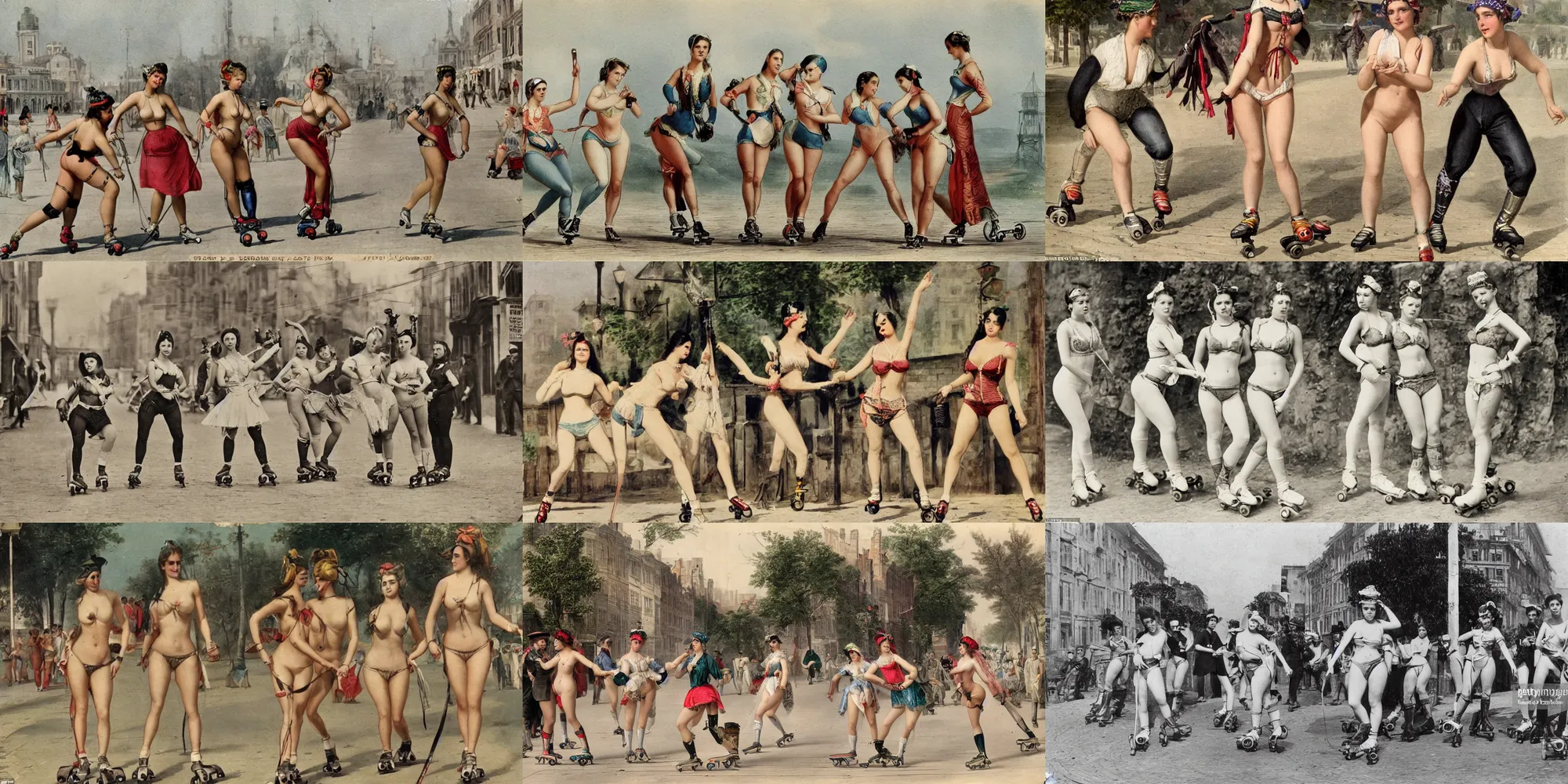 Prompt: attractive 1 8 6 0 bikini models rollerblading on the streets artificially recolored very high detail, detailed faces,